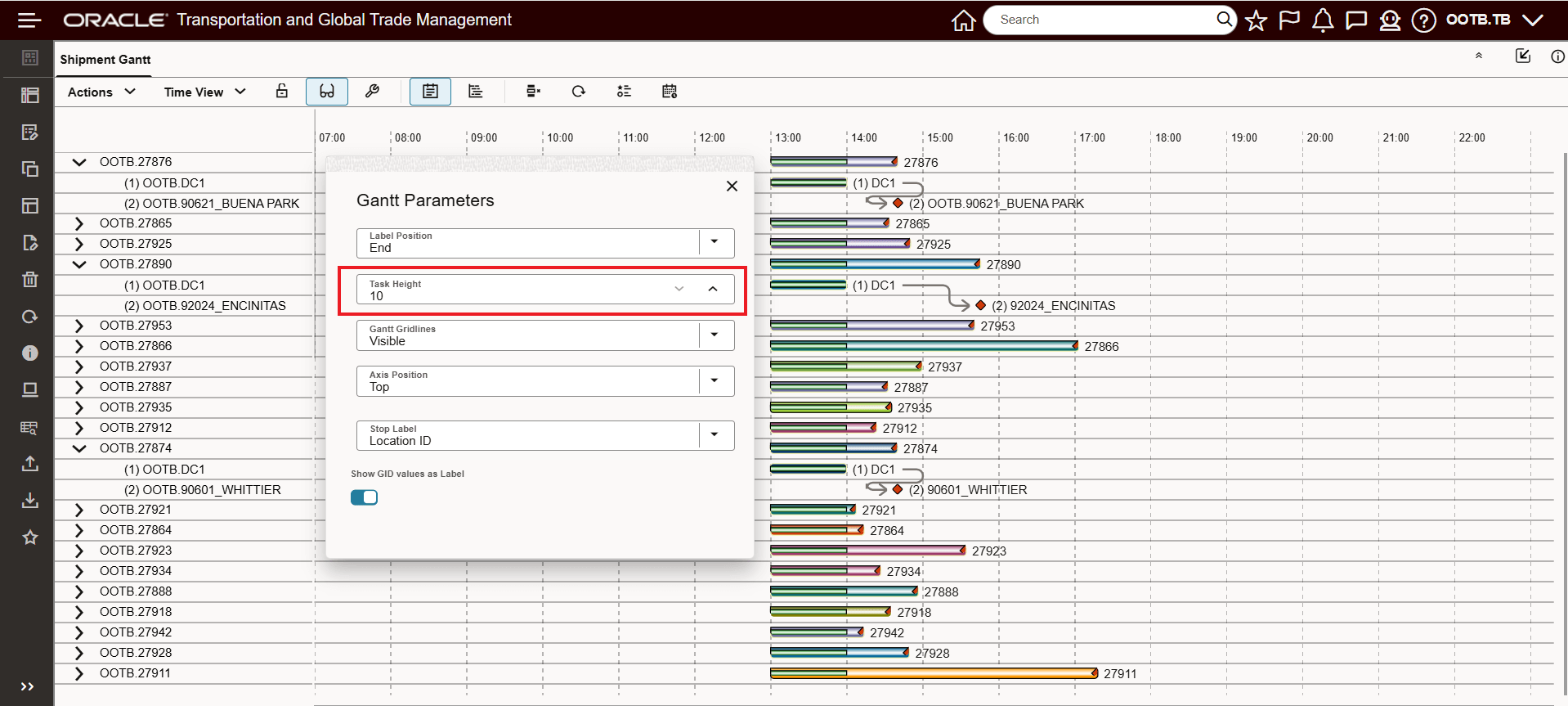 Shipment Gantt - Task Height Set to 10