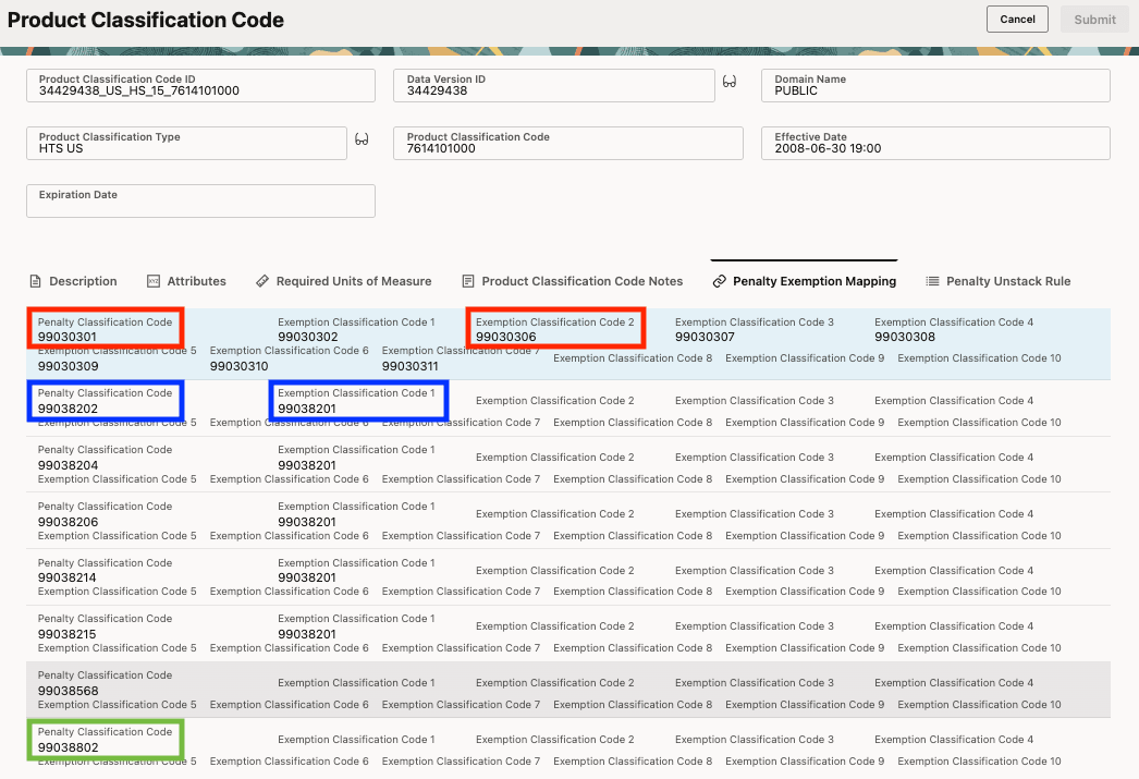 Product Classification Code > Penalty Exemption Mapping tab