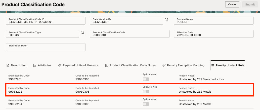 Product Classification Code > Penalty Unstack Rule