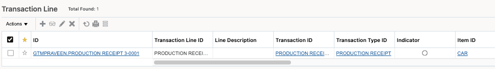 Transaction Line for Production Receipt