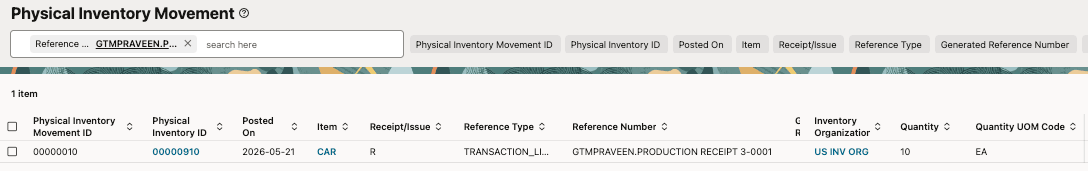 Physical Inventory Movement for Production Receipt