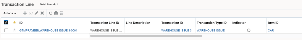 Transaction Line for Warehouse Issue