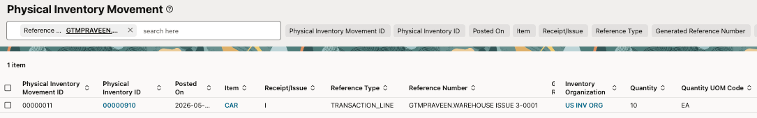 Physical Inventory Movement for Warehouse Issue