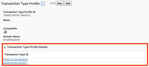 Transaction Type Profile Details for Entry