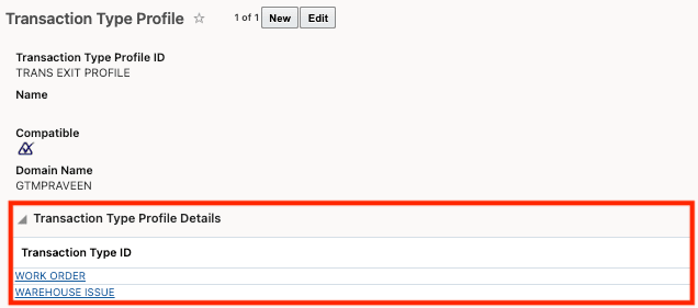 Transaction Type Profile Details for Exit