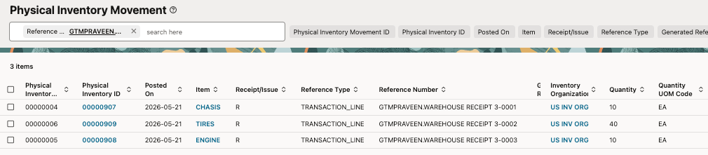 Physical Inventory Movement for Warehouse Entry