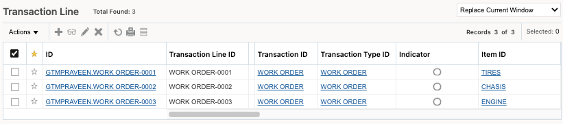 Transaction Lines for Work Order