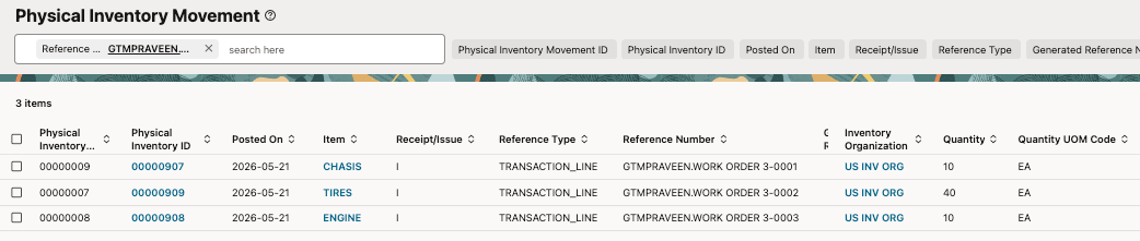Physical Inventory Movement for Work Order