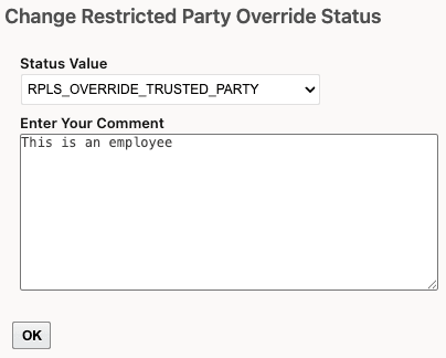 Change Restricted Party Override Status Action