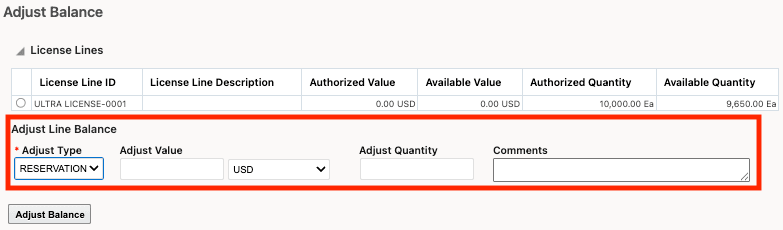 Adjust Balance Action on License