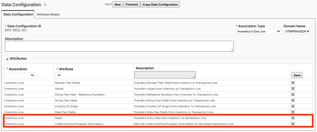 Data Configuration with Association Type of Inventory to Exit Line