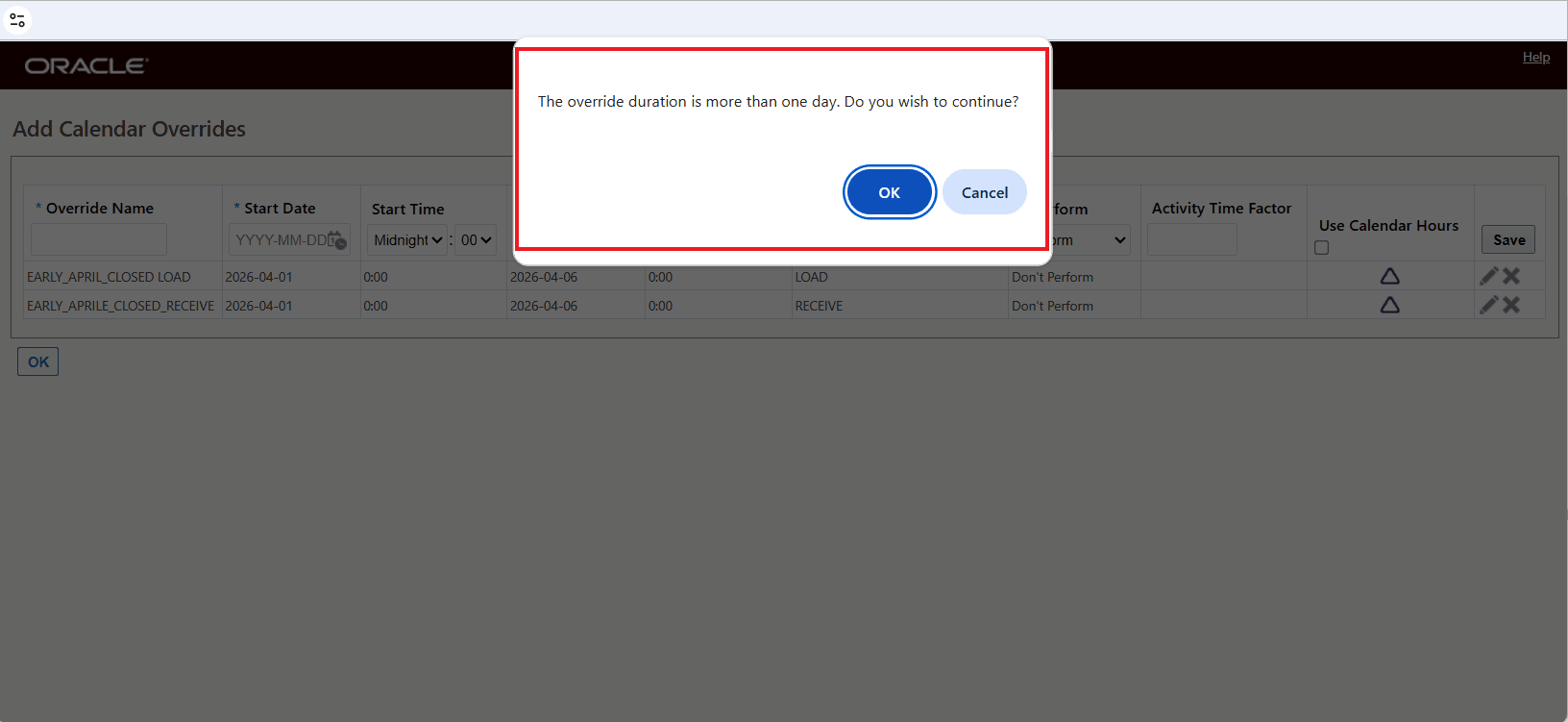 Multi-day Override Duration Warning Message