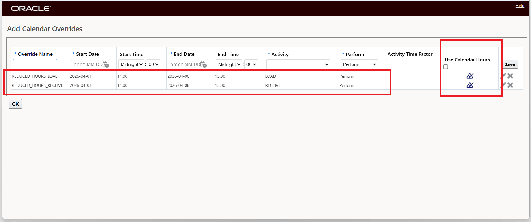 Enter Override Details April 1st  to April 6th - Load and Receive Perform - Use Calendar Hours OptionPerform