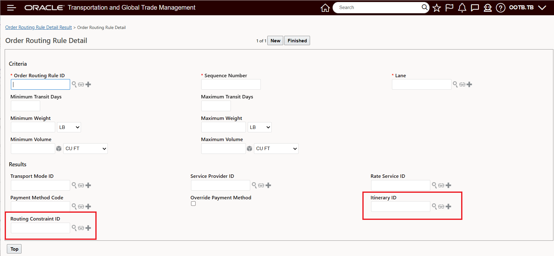 Order Routing Rule Detail UI - Itinerary ID and Routing Constraint ID