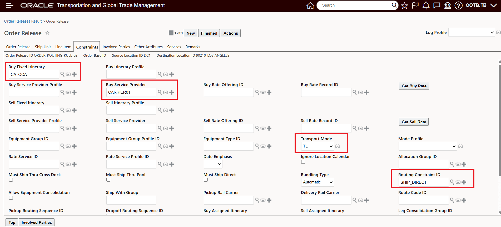 Order Routing Rule Applied to Order Release  -  Including Itinerary and Routing Constraint