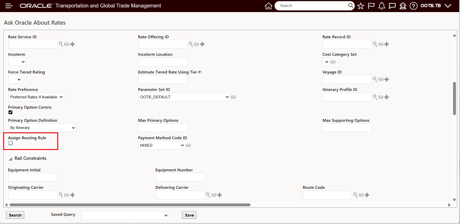 Network Rate and Route Inquiry without the Assign Routing Rule option selected