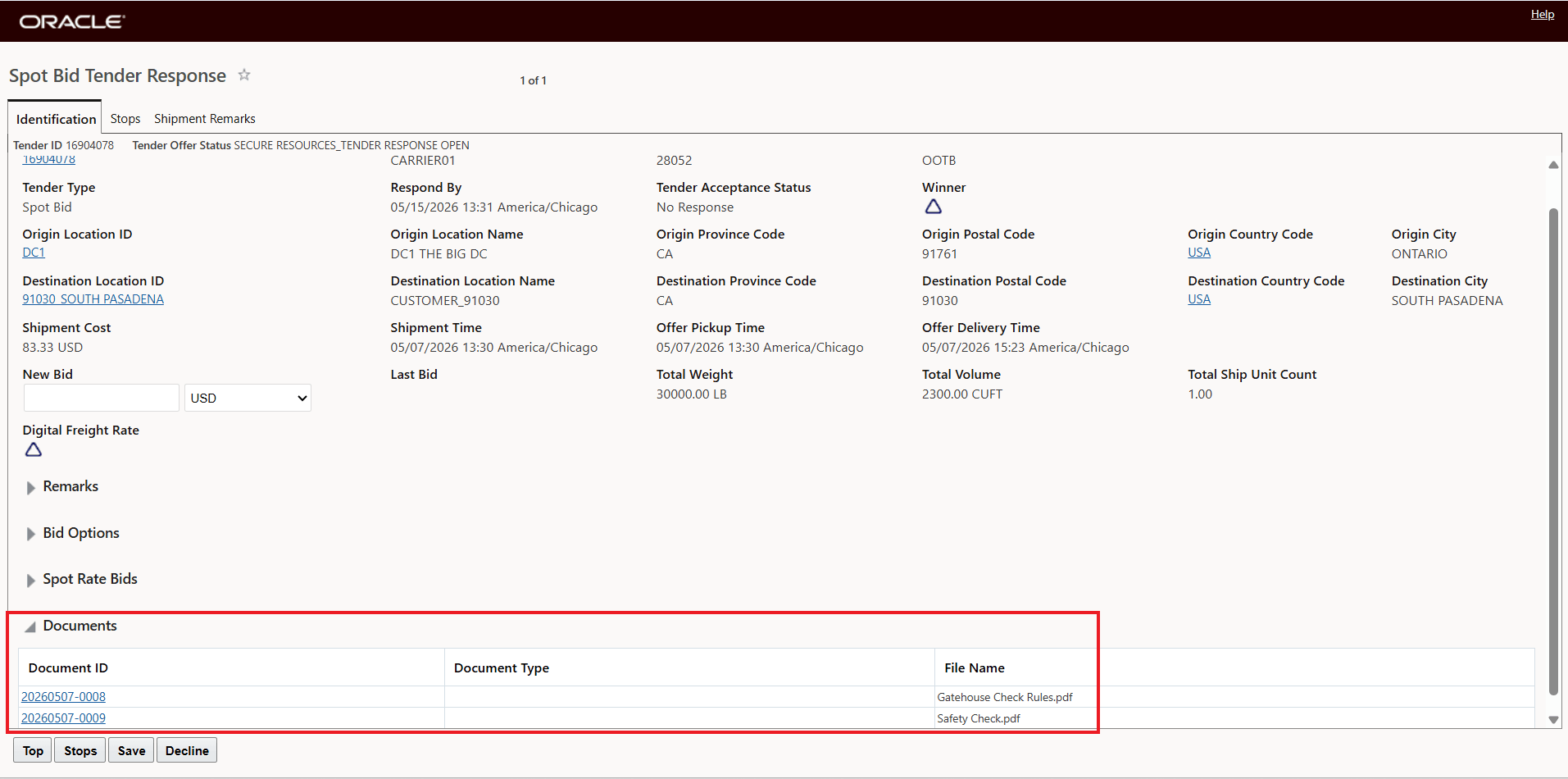 Upload Document for Tendered Shipment Action - Linked Document Added to Service Provider Spot Bid Tender