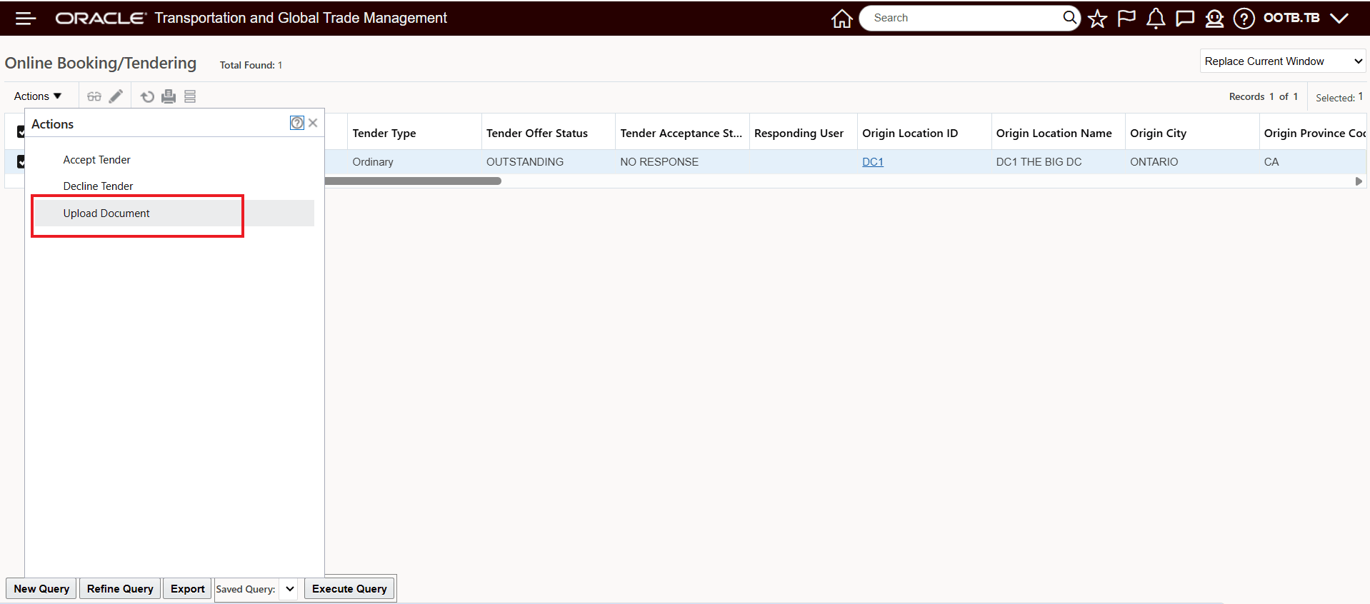 Online Booking/Tendering - Upload Document Action