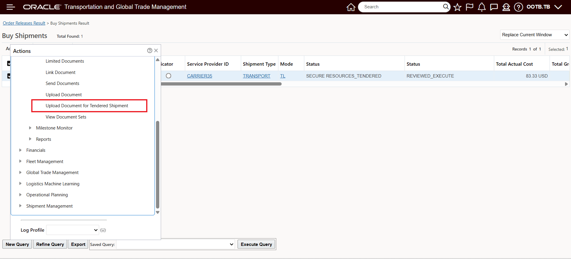 Action  - Upload Document for Tendered Shipment