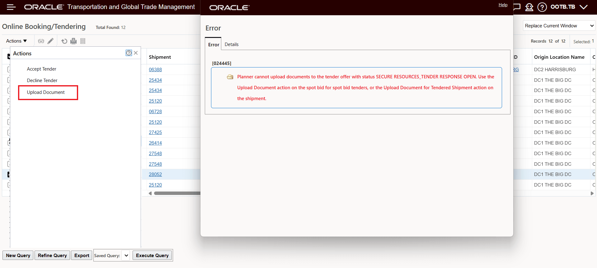 OBT Upload Documents Action Against Open Tender Error