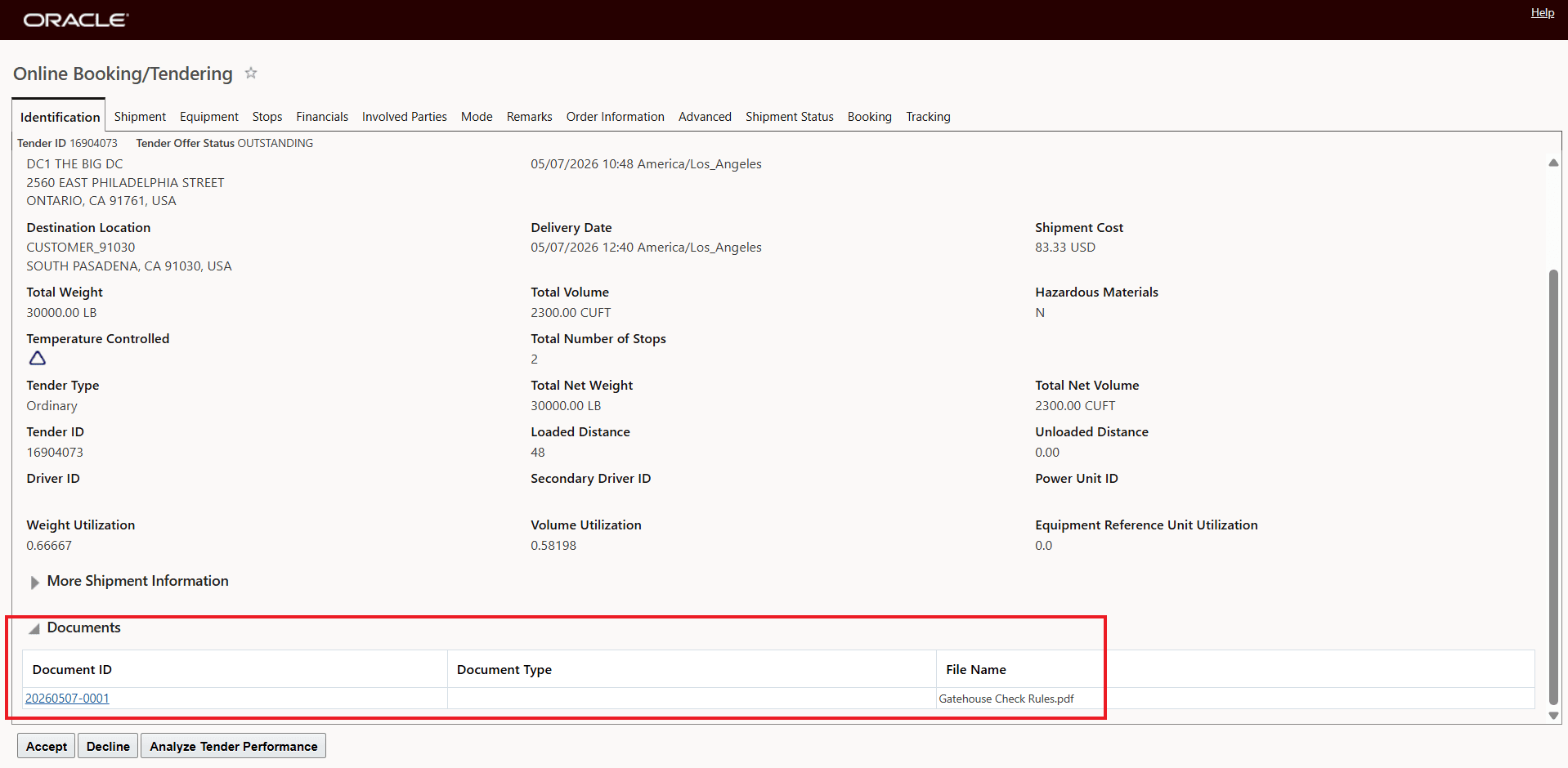Upload Document for Tendered Shipment Action - Linked Document Added to Service Provider Tender