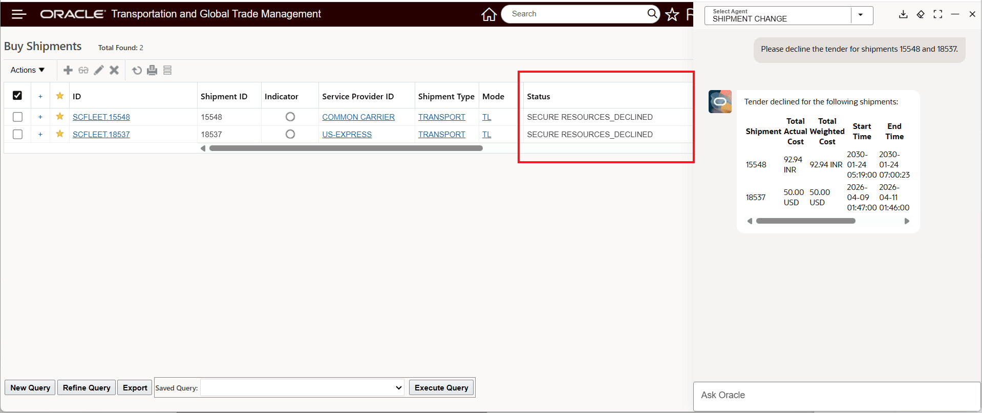 Shipment Change - Decline Tender For Multiple Shipments Result