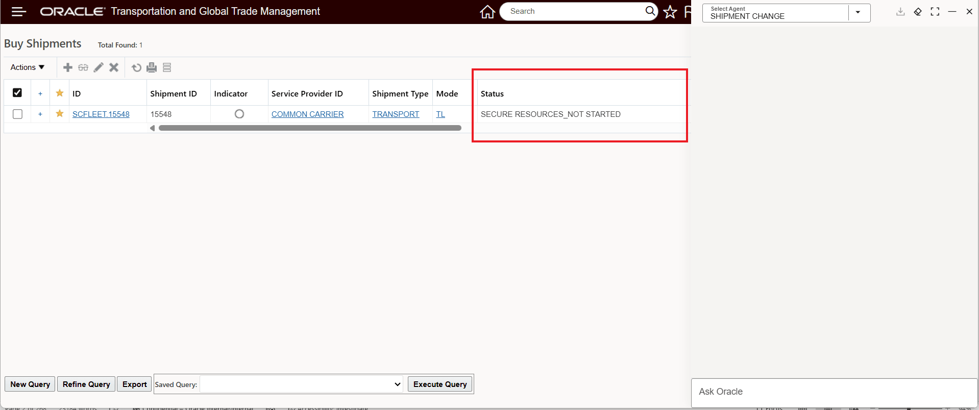 Shipment Change - Tender Shipment - Before Agent Runs