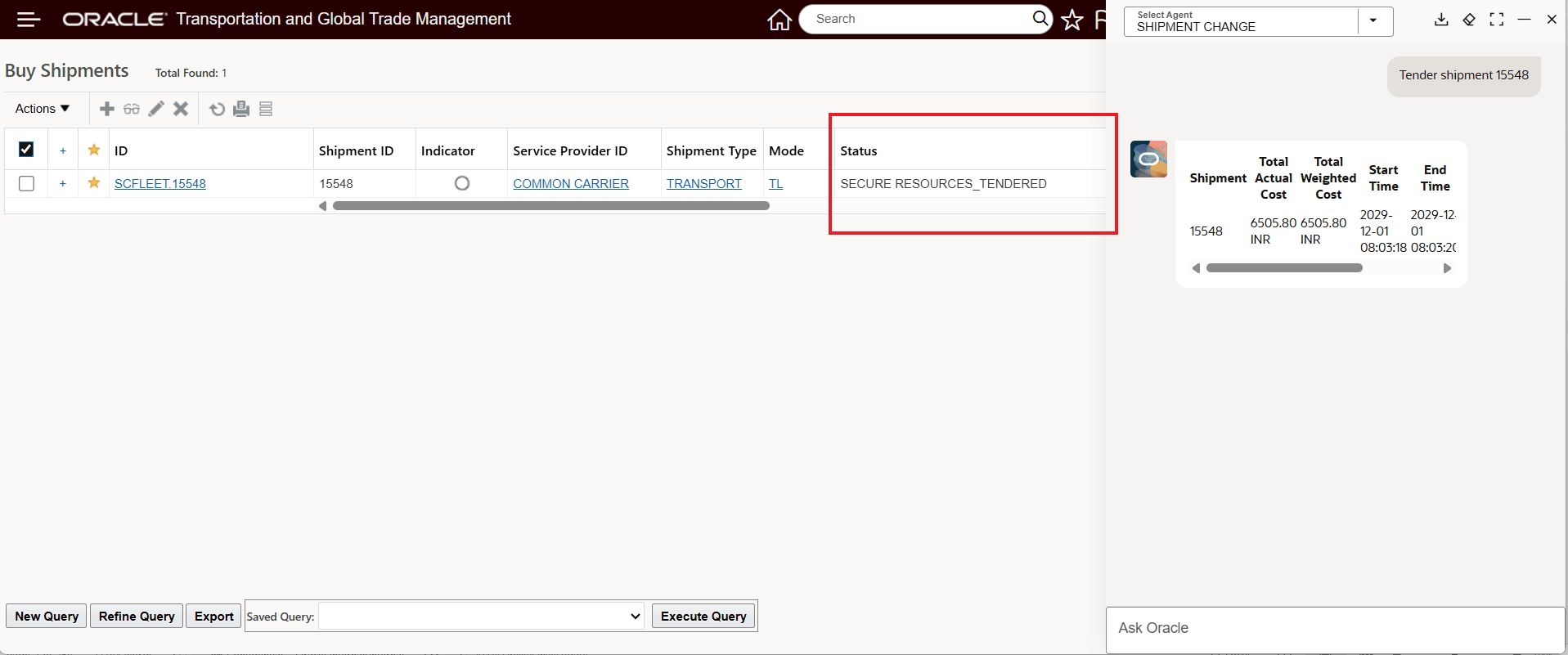 Shipment Change - Tender Shipment - Agent Executed