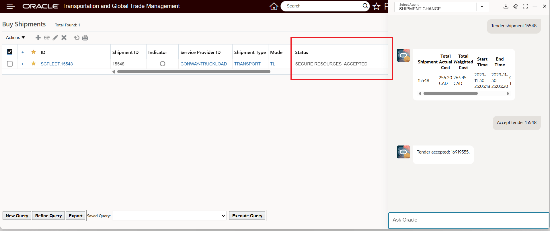 Shipment Change - Tender Shipment and Accept Tender