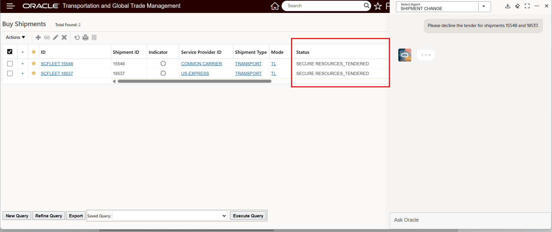 Shipment Change - Decline Request For Multiple Shipments