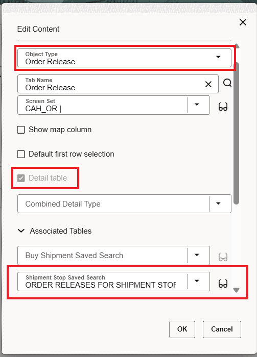 Order Release Table Configuration With Order Release For Shipment Stop Saved Query