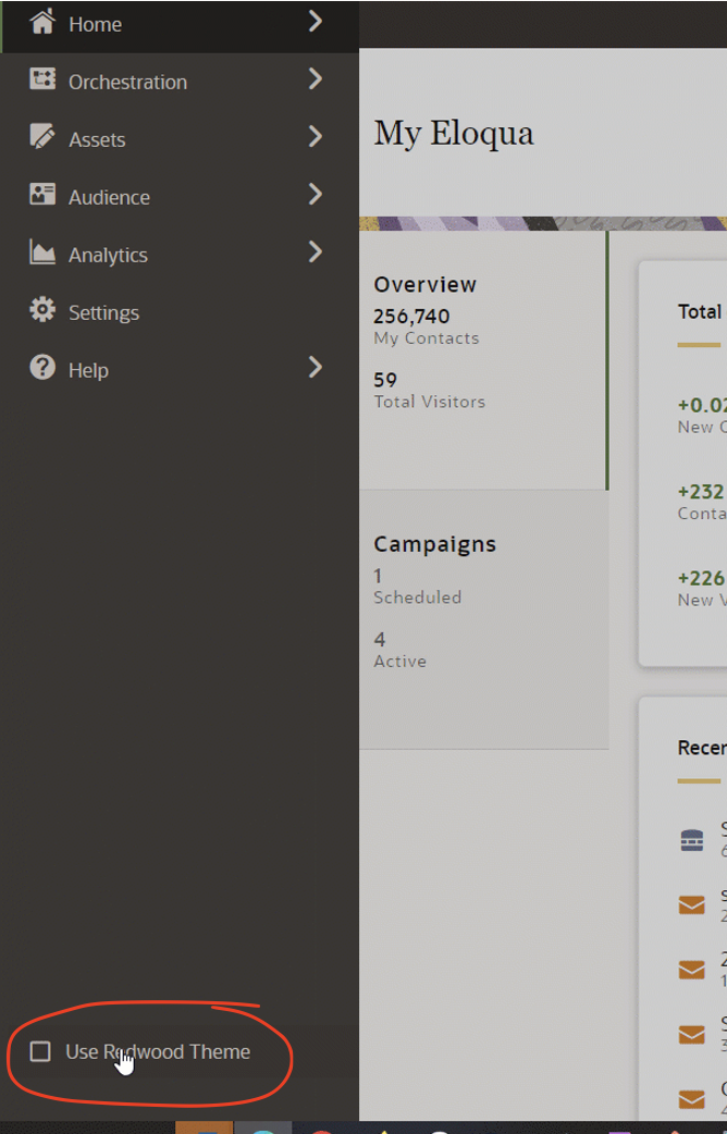 Screen capture showing My Eloqua in a functional area where Redwood is available