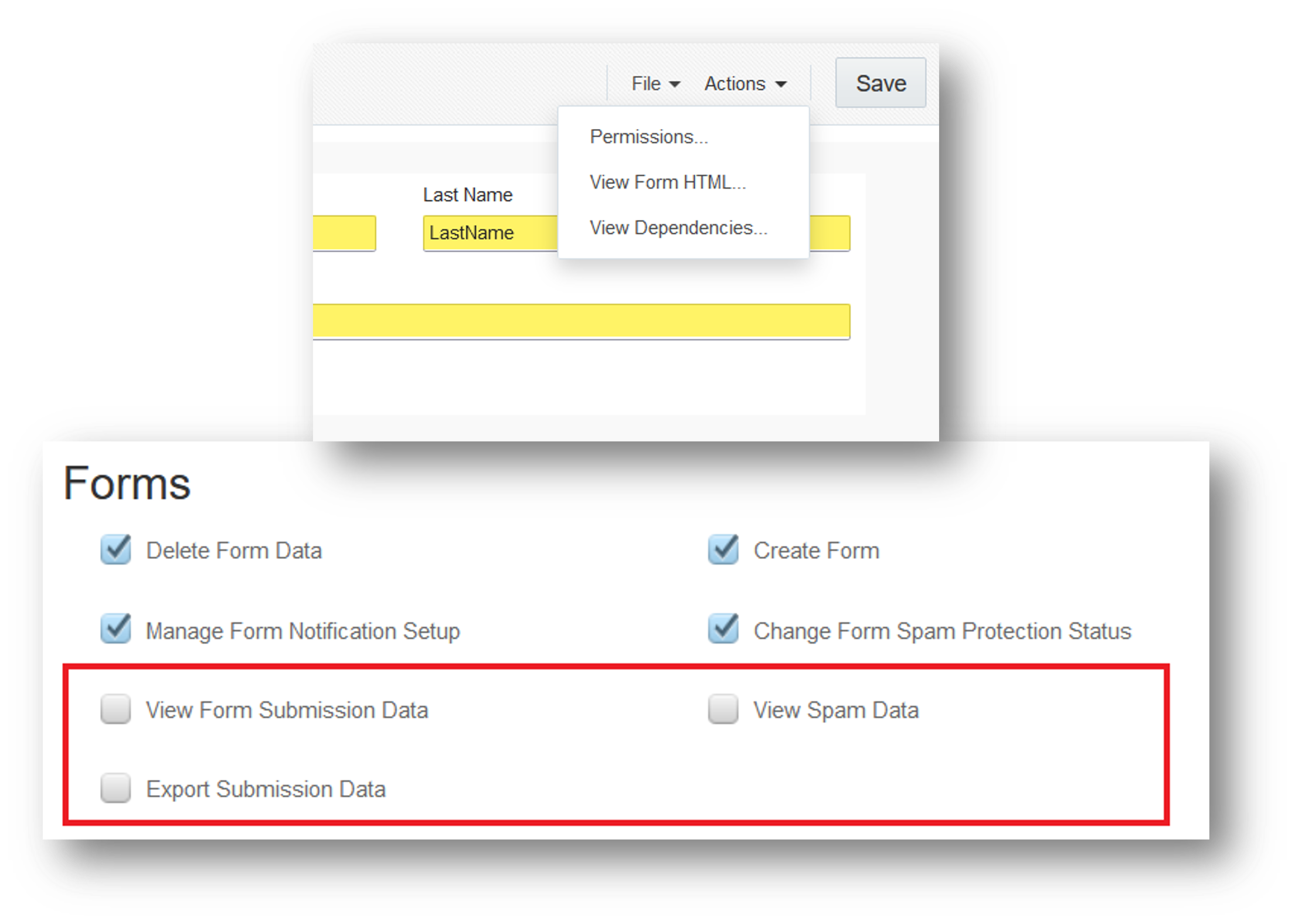 Screen capture showing new action permissions for security groups