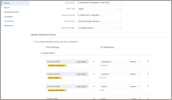 Screen capture showing the functionality to pull or map CRM IDs from Eloqua contacts