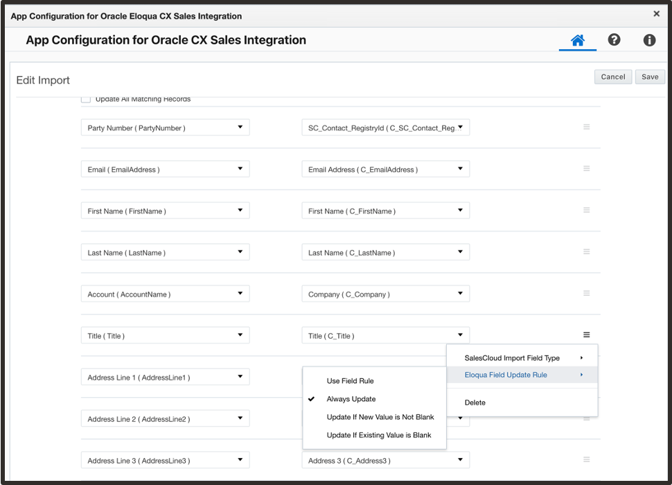 Screen capture showing the available options for updating rules