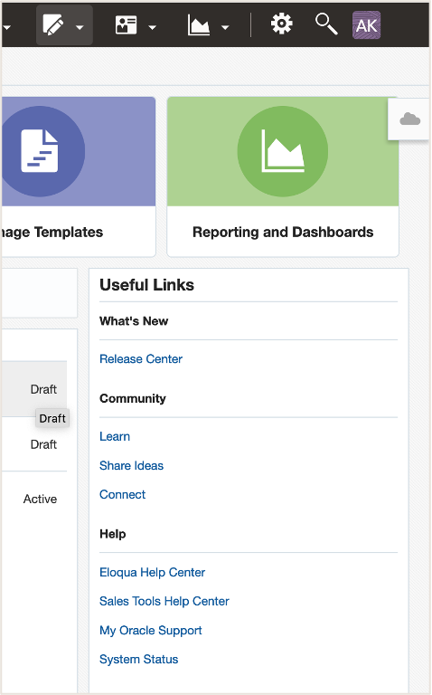 Screen capture showing Eloqua's System Status link