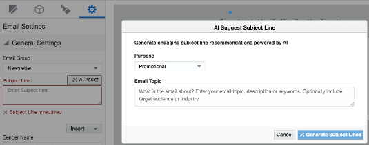 Screen capture showing subject line recommendation on email editor