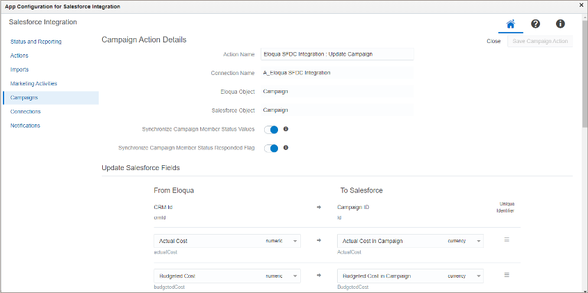 Campaign Action Details Preview in Salesforce App Configuration Screen