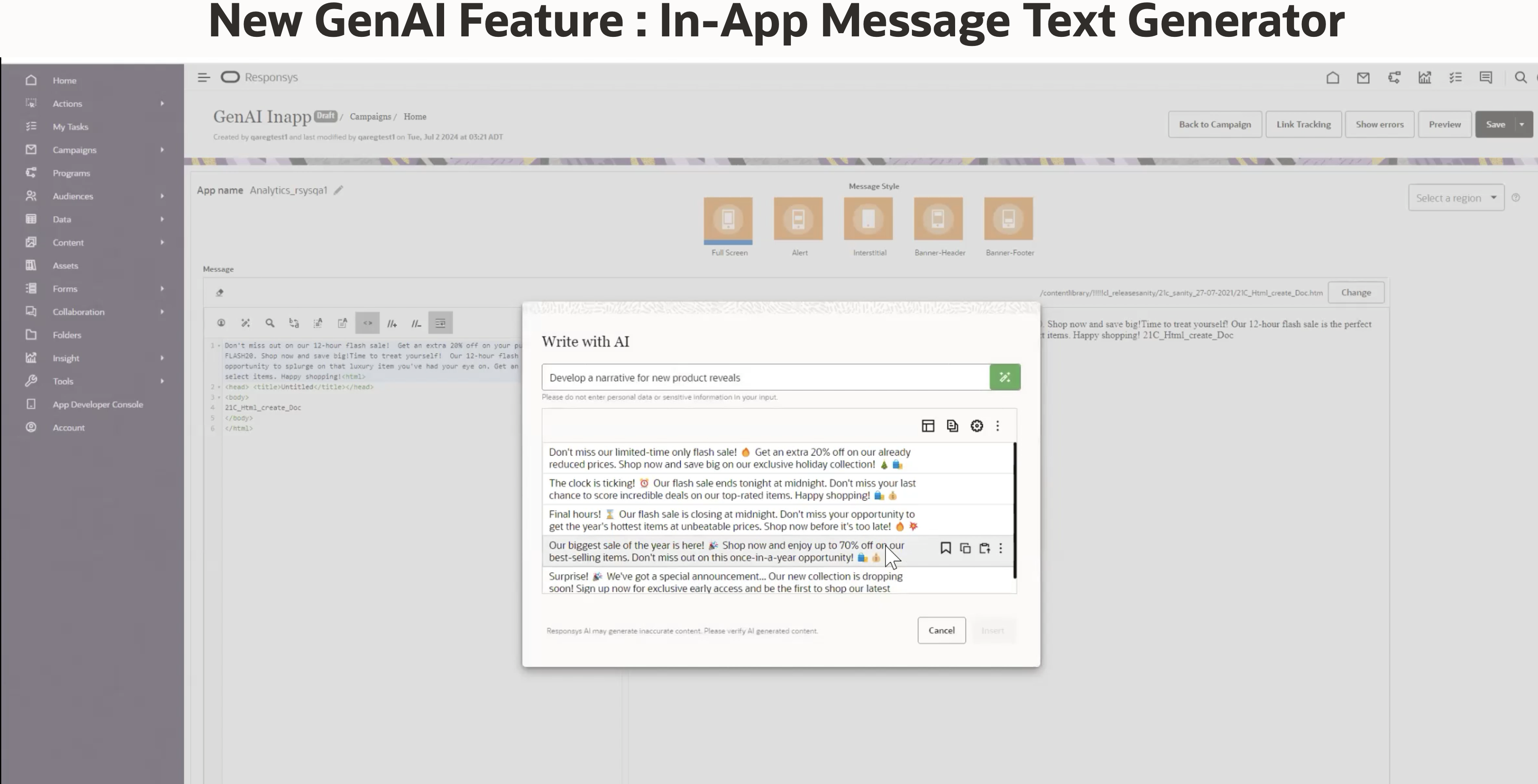 In-App Message Text Generator