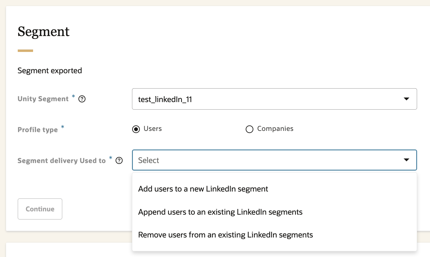 Segment settings - "Users"