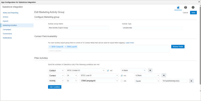Salesforce Integration Configuration Screen