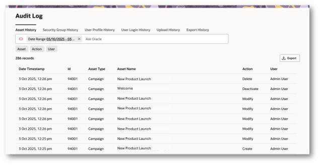 Audit Log Shown in Eloqua's Redwood Experience