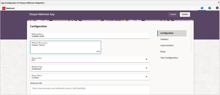 Webhook Configuration Screen
