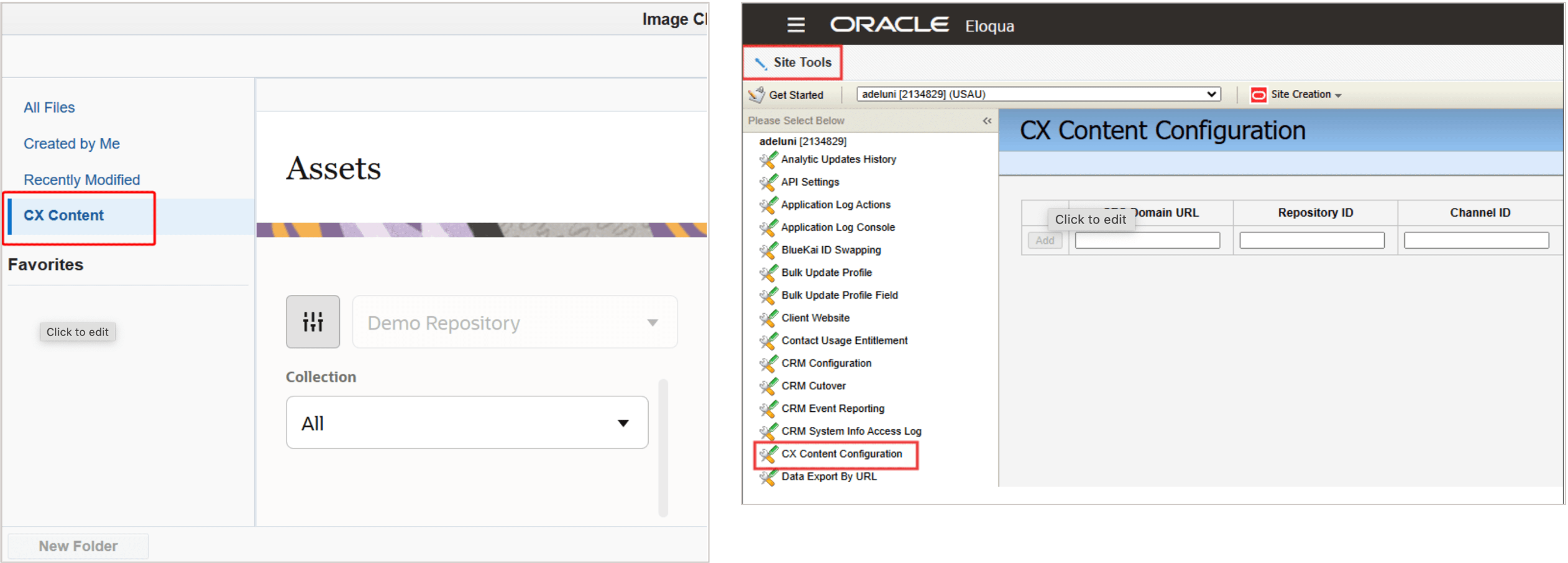 Oracle Content (CX Content) configuration areas shown within Eloqua