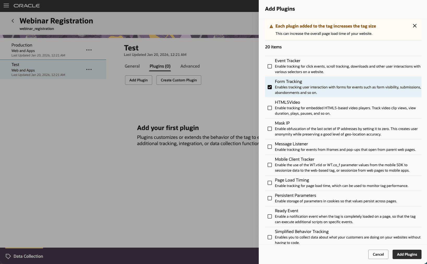 Add, enable, disable plugins when customizing the tag