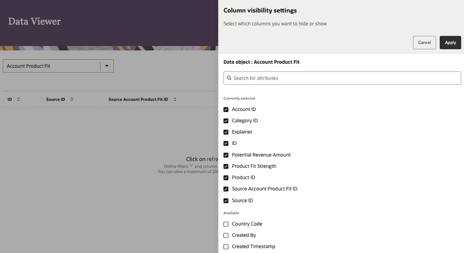 Column visibility settings