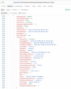 Reporting API response example using expanded activity and contact information.