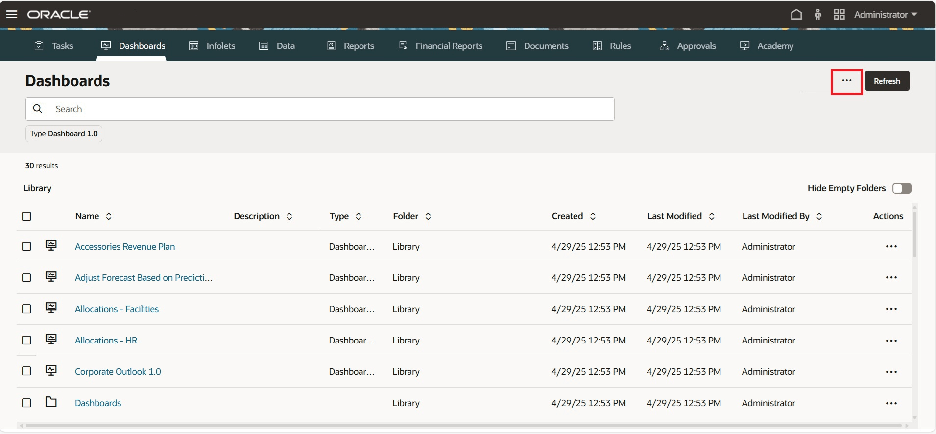 Standardized Dashboards Page with New Global Actions Icon