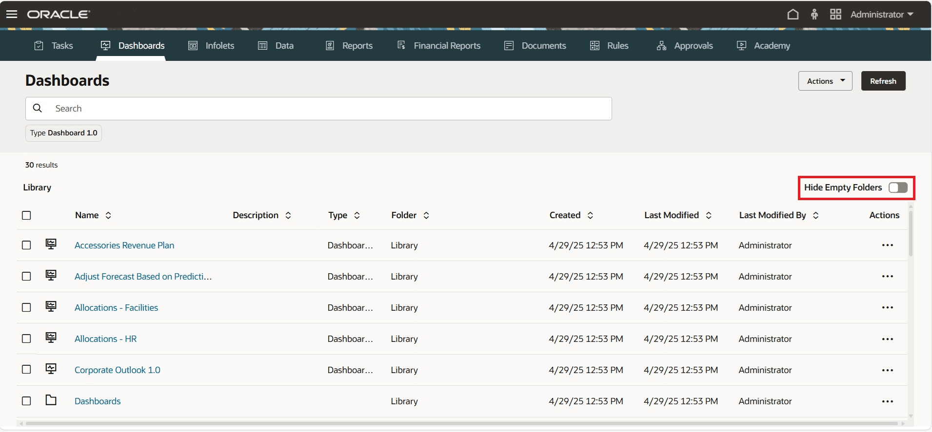 Standardized Interface Dashboards Page with Hide Empty Folders Option