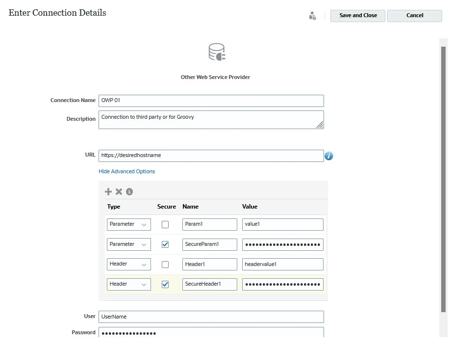 Screenshot of Secure Parameters for Other Web Service Provider Connection Types